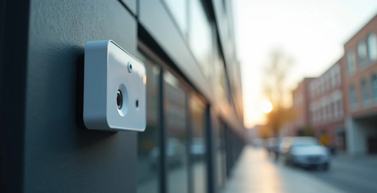 Image réaliste de capteurs technologiques installés sur une façade d'immeuble moderne sous lumière douce avec arrière-plan flou