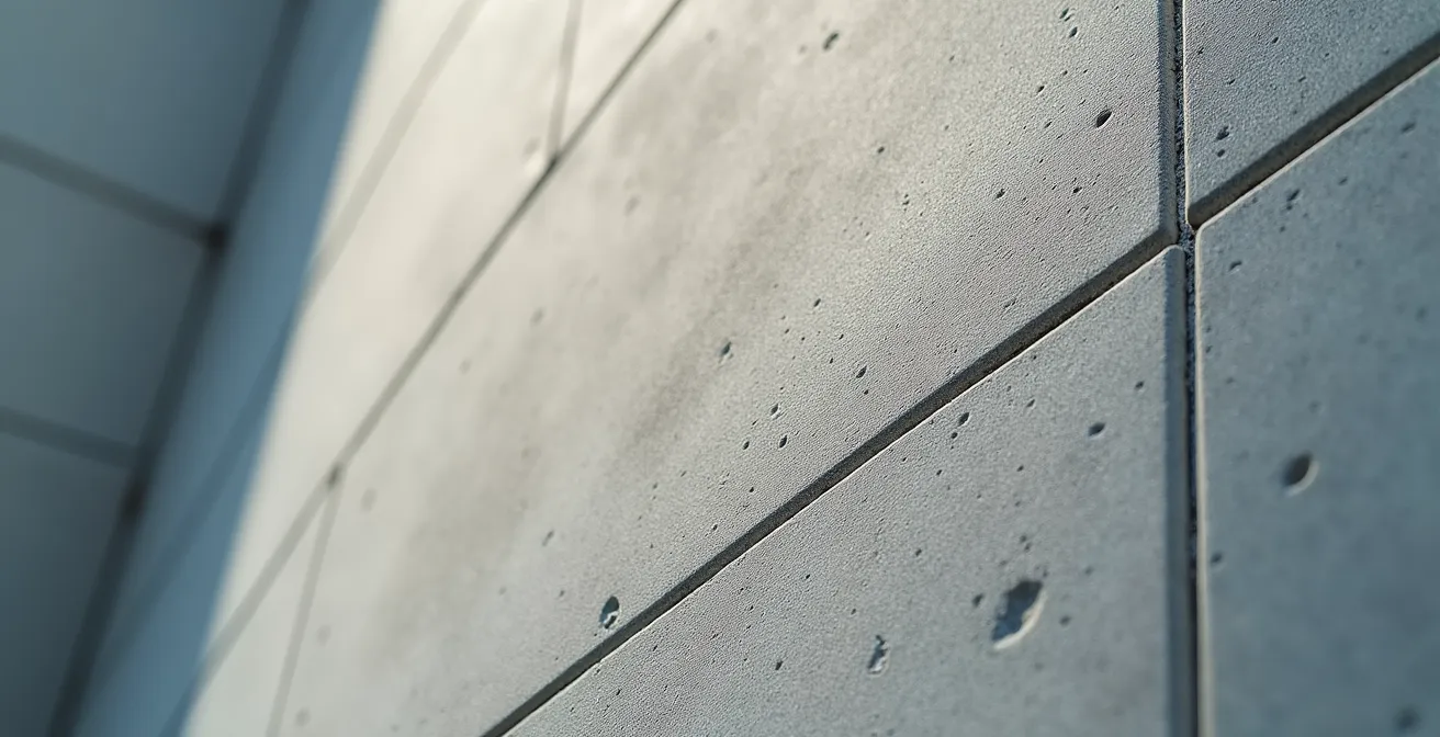 Détail macro d'une façade en béton avec texture fine mettant en avant la solidité et la matière pour symboliser l'entretien structurel