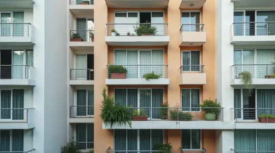Vue réaliste d'un immeuble en copropriété avec des détails architecturaux, éclairage naturel cinématographique au lever du soleil, ambiance urbaine calme avec un ciel clair, mise en scène avec profondeur de champ modérée, textures fines sur la façade, bokeh naturel en arrière-plan