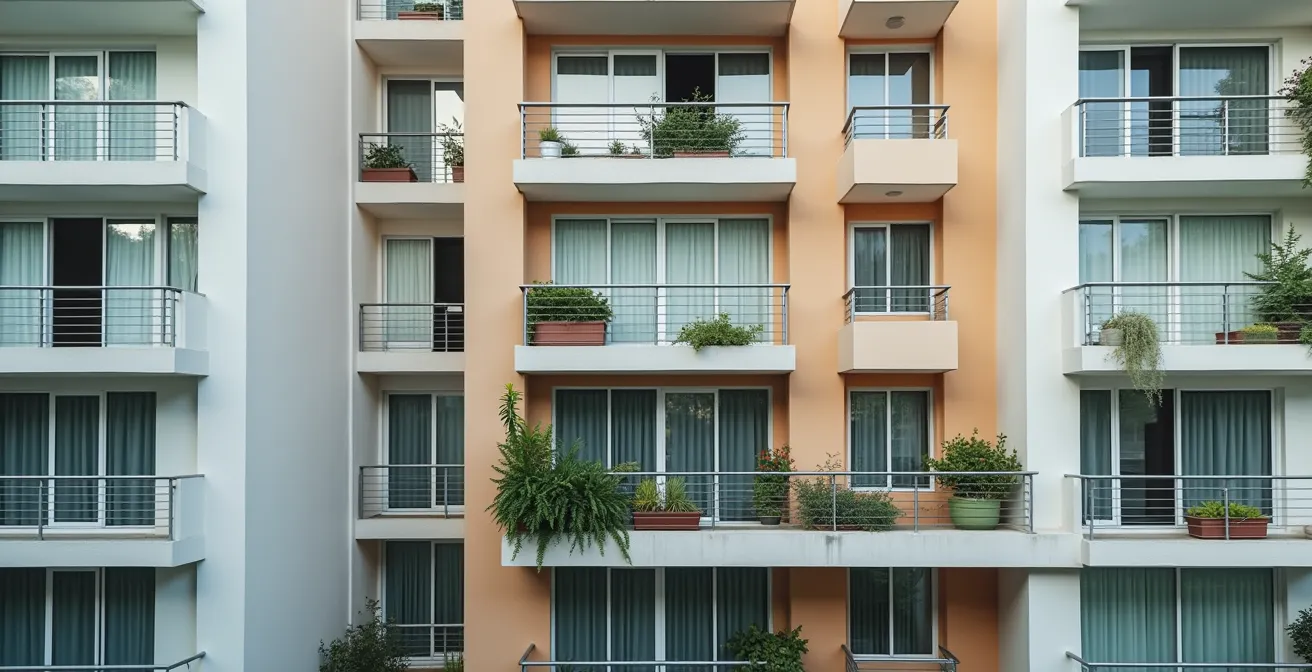 Vue réaliste d'un immeuble en copropriété avec des détails architecturaux, éclairage naturel cinématographique au lever du soleil, ambiance urbaine calme avec un ciel clair, mise en scène avec profondeur de champ modérée, textures fines sur la façade, bokeh naturel en arrière-plan