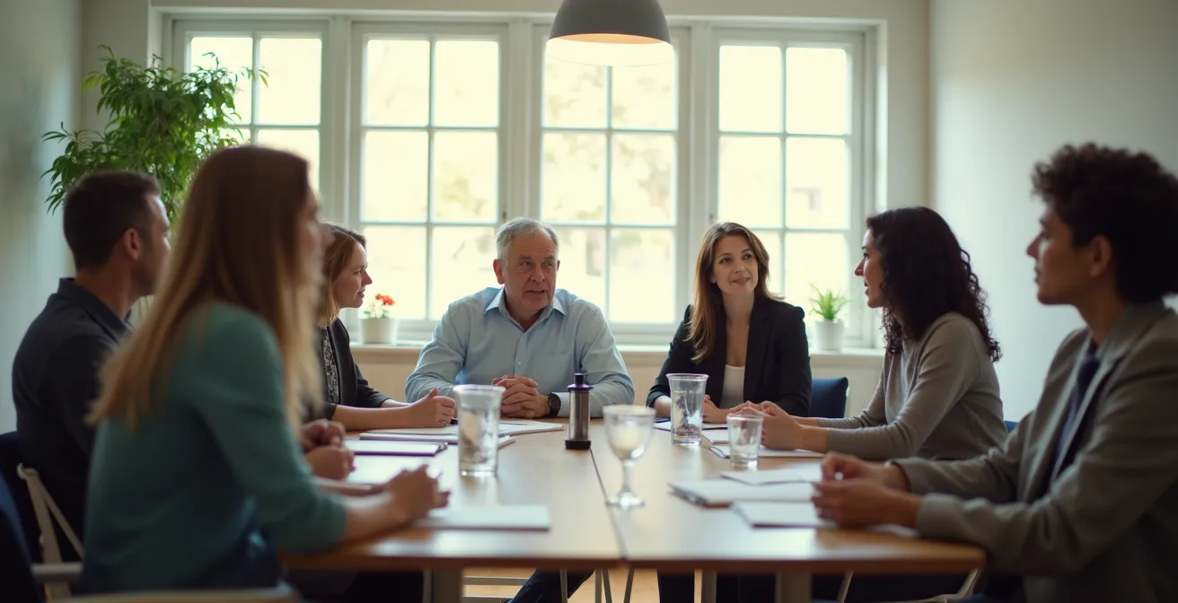 Photo réaliste d'une réunion de copropriétaires autour d'une table, sous lumière naturelle douce, ambiance professionnelle et conviviale, avec des échanges et gestes dynamiques