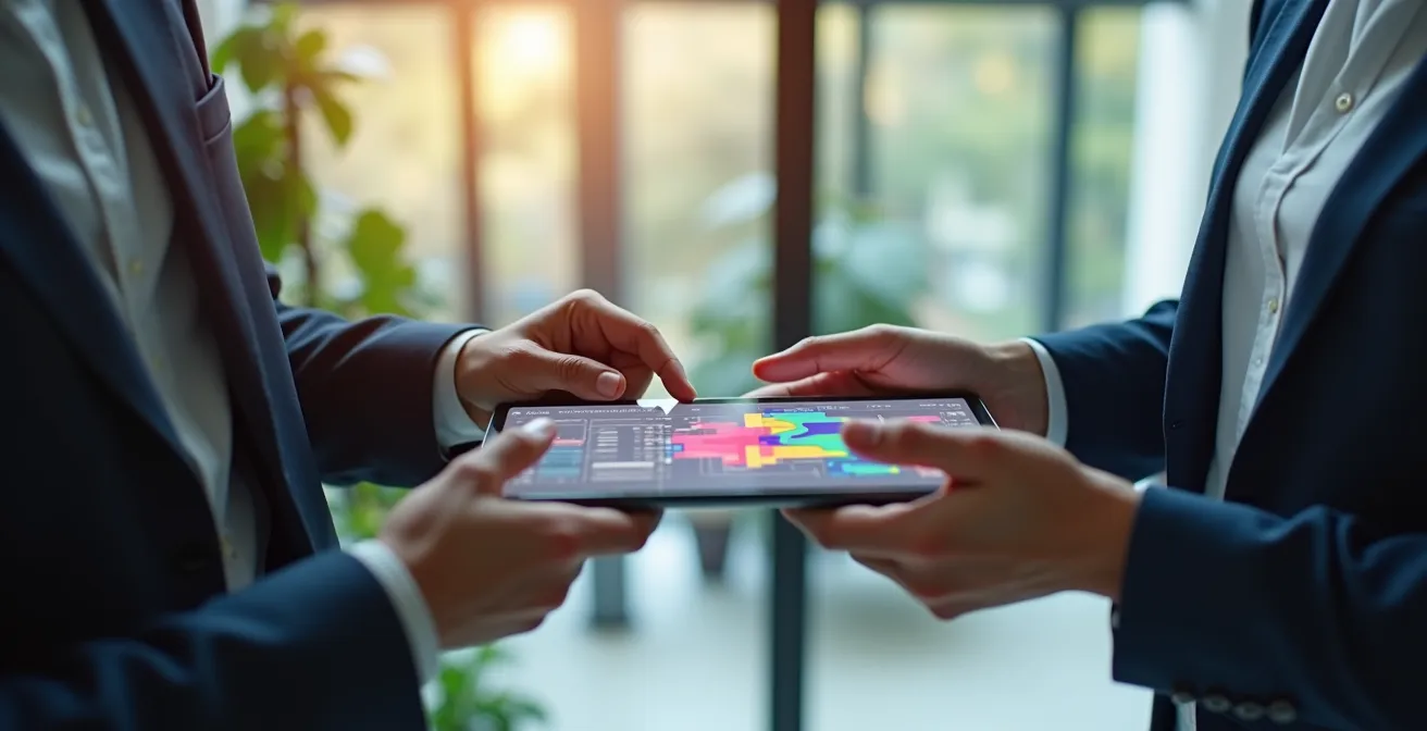 Équipe professionnelle analysant des données énergétiques sur tablette