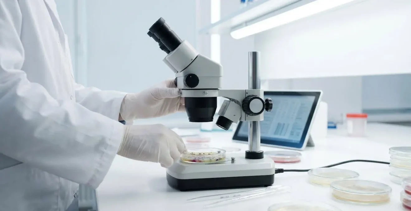 Chercheur en laboratoire de microbiologie examinant des cultures de bactéries probiotiques au microscope dans un environnement scientifique stérile