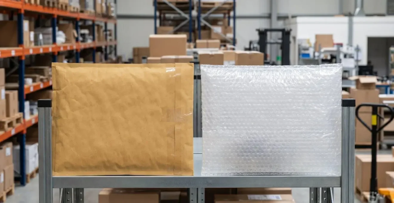 Comparaison entre enveloppe matelassée kraft brun et enveloppe plastique transparent de même format dans un environnement de stockage professionnel
