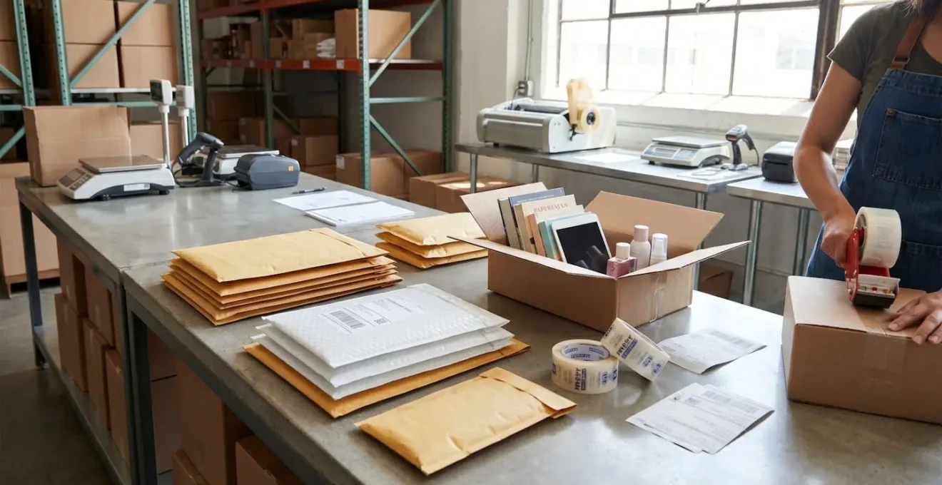 Espace de préparation logistique avec enveloppes matelassées de différents formats disposées sur un plan de travail, accompagnées d'objets divers prêts à être expédiés