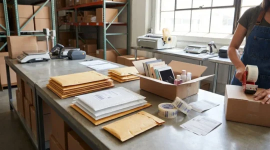 Espace de préparation logistique avec enveloppes matelassées de différents formats disposées sur un plan de travail, accompagnées d'objets divers prêts à être expédiés