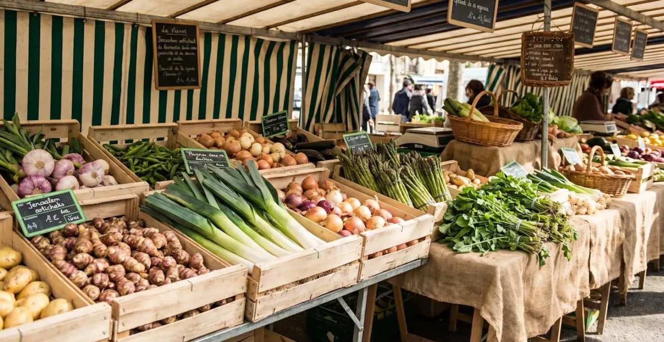 Étal de marché français présentant légumes riches en prébiotiques : topinambours, poireaux, oignons, asperges et pissenlits disposés dans des cagettes en bois