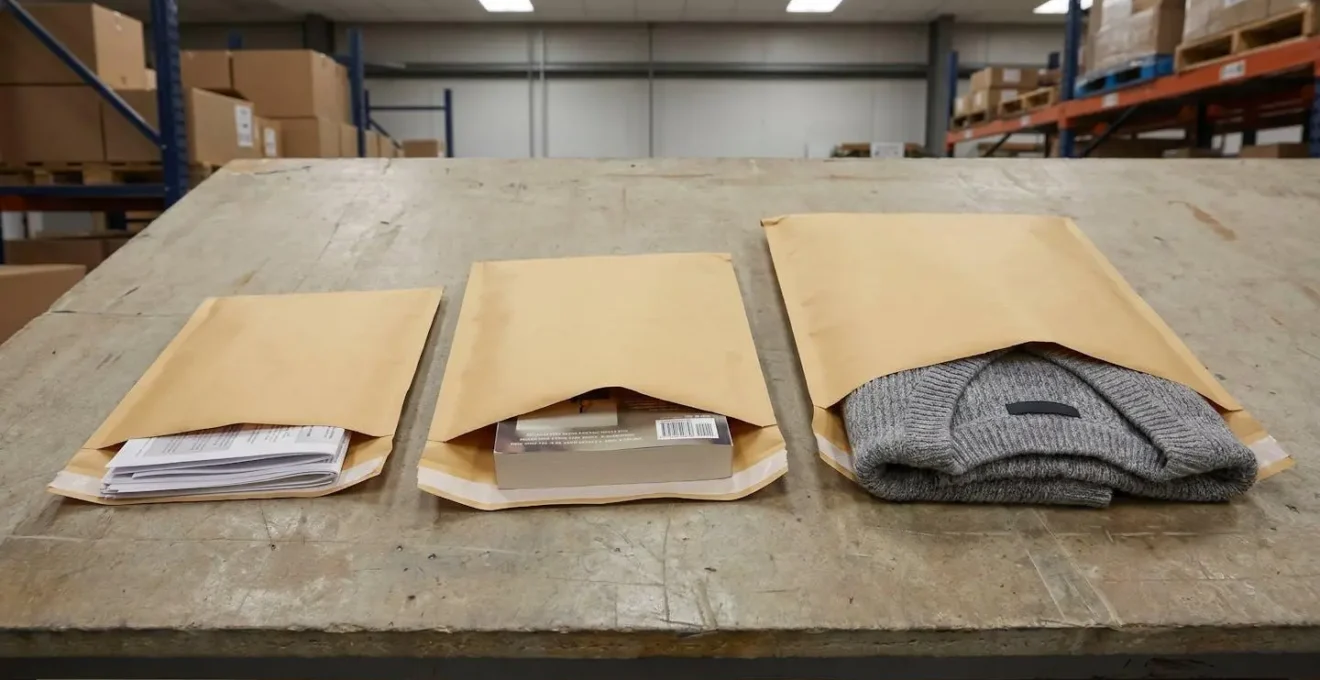 Trois enveloppes matelassées de tailles croissantes avec leurs objets-types correspondants pour illustrer les différents formats disponibles